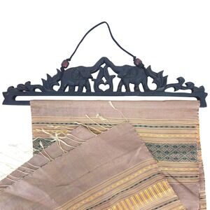 Vtg Hand Carved Wood Elephant Textile Hanger Brown w Thai Gold Brown Woven Silk